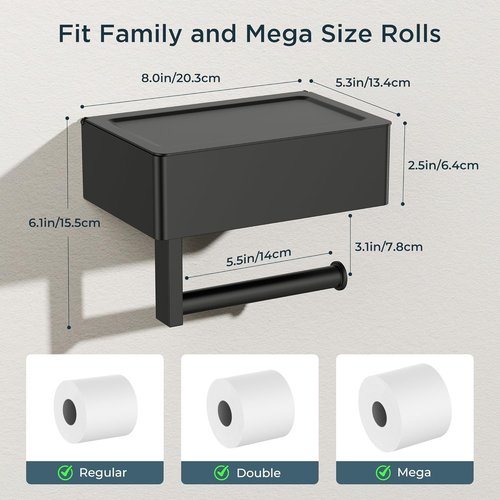 FORIOUS Toilet Paper Holder - Wall-Mounted Storage with Shelf & Tampon Receptacle | Matte Black