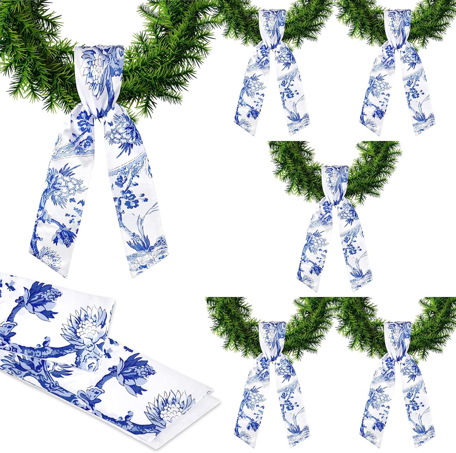 XunYee Wreath Sash Set - 6 Pcs Embroidery Monogram Decor for Weddings & 4th of July - Chinoiserie Design