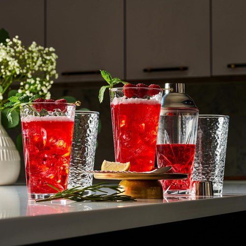 Hammered Glass Cups Set of 10 - 16oz Dishwasher Safe Cocktail & Drinking Glasses | Clear Heavy Base