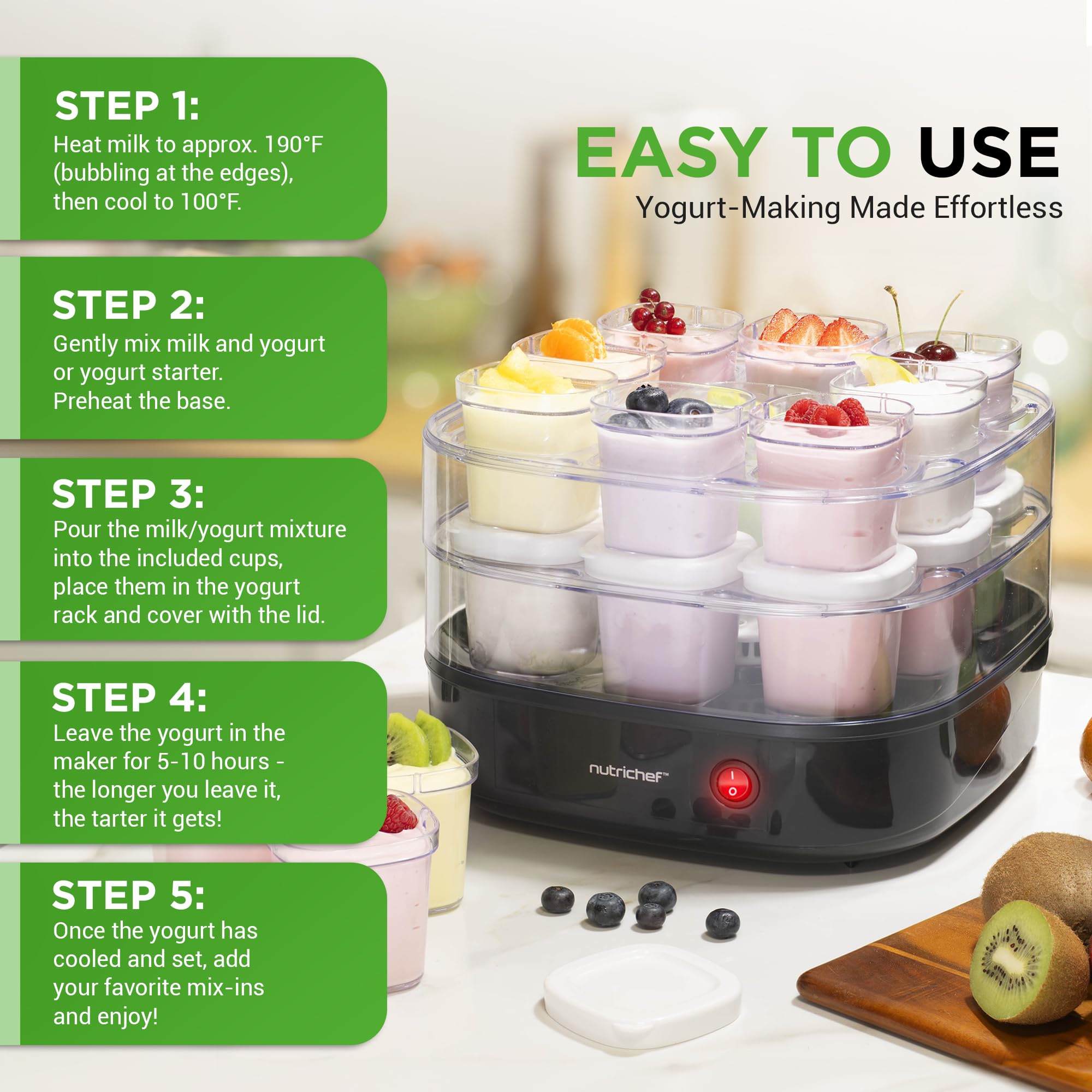Nutrichef 17 Cup Automatic Yogurt Maker | Includes 17 - 5 oz Reusable Cups with Lids & Yogurt Rack for Instant Storage | Makes Up to 85 OZ of Yogurt | Greek Yogurt Maker | Space Saving design | Black