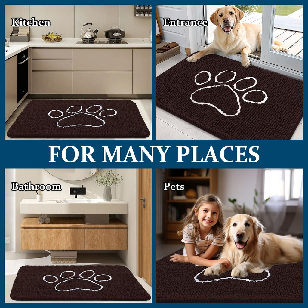 OLANLY Dog Door Mat - Absorbent Non-Slip Mud Mat for Muddy Paws | 59x24 Paw Print Design, Quick Dry Brown