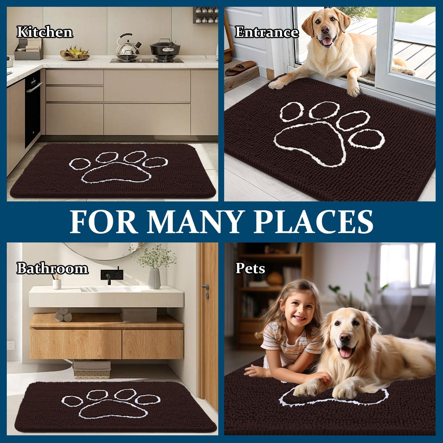 OLANLY Dog Door Mat - Absorbent Non-Slip Mud Mat for Muddy Paws | 59x24 Paw Print Design, Quick Dry Brown