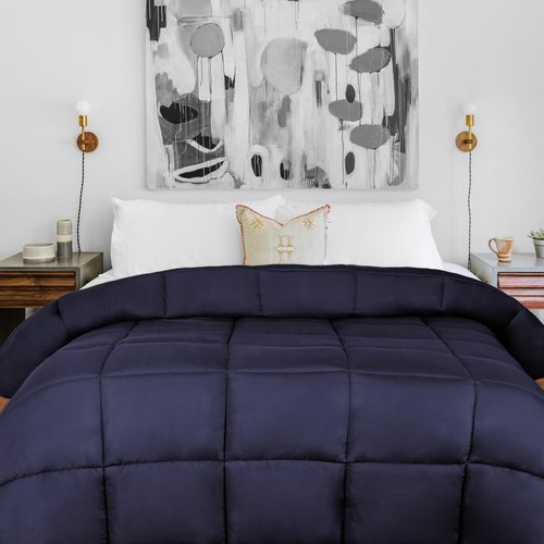 Superior Brushed Microfiber Solid Comforter, Down Alternative Bedding, Reversible, Medium Weight, Fluffy, Decorative, Duvet Insert, Oversized Blanket, Box Quilt Design, Twin/Twin XL, Navy Blue