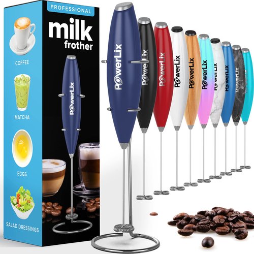 PowerLix Powerful Handheld Milk Frother With Stand Battery Operated Foam Maker Frother Wand For Coffee (A Black) (Deep Blue)