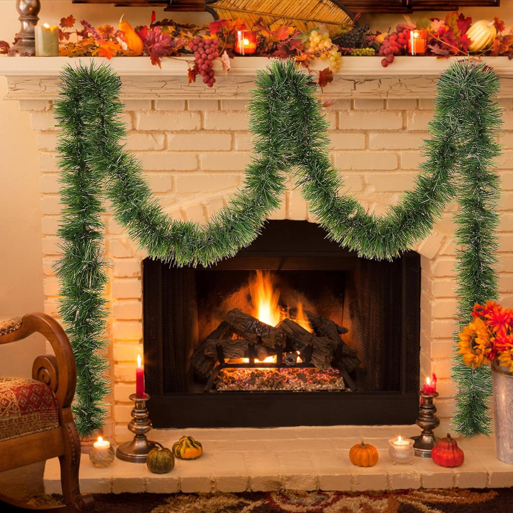 Skiennix Green Garland - 50Ft Non-Lit Tinsel Stems for Christmas Decor | Indoor & Outdoor Holiday Home Accents