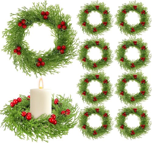 Knitgrip 8 Pcs Small Christmas Wreaths with Red Berry 8.27" Artificial Cedar Candle Rings Holder Mini Wreaths for Cabinets Christmas Holiday Table Centerpiece Window Chair Decor
