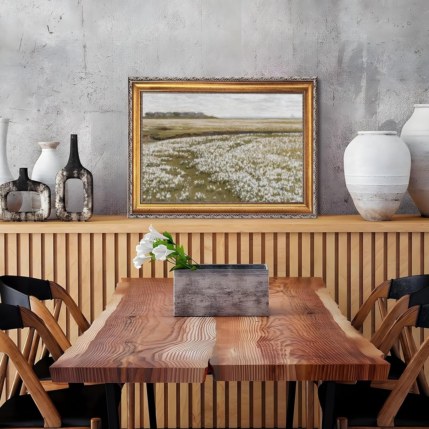Skiennix Vintage Spring Meadow Poster - Wildflower Canvas Wall Art for Living Room | 24x36 Inch with Golden Frame