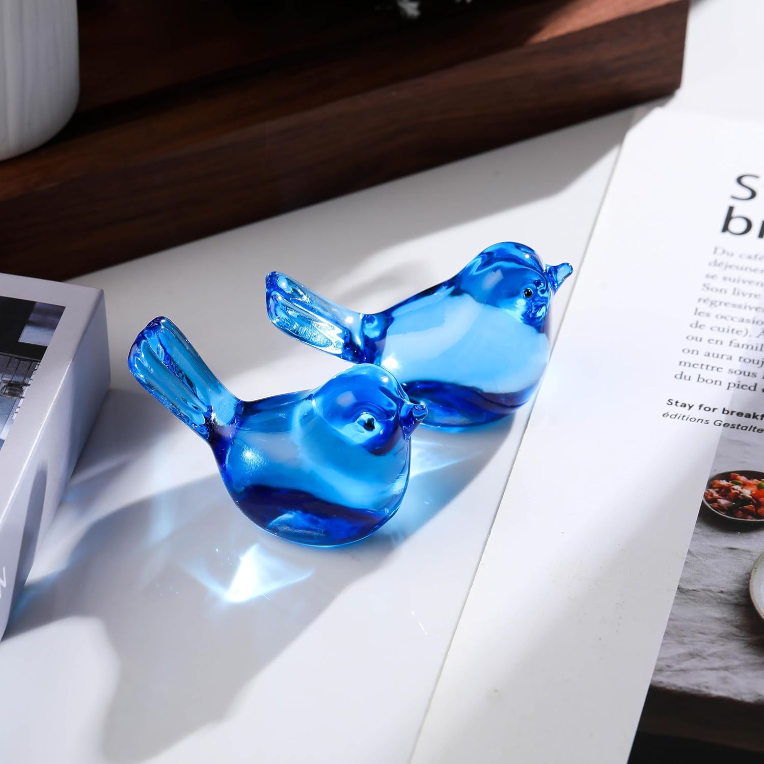 Qianwei Crystal Bird Figurines - Handmade Blown Glass Collectibles for Office Desk Decor | 2pcs Sky Blue