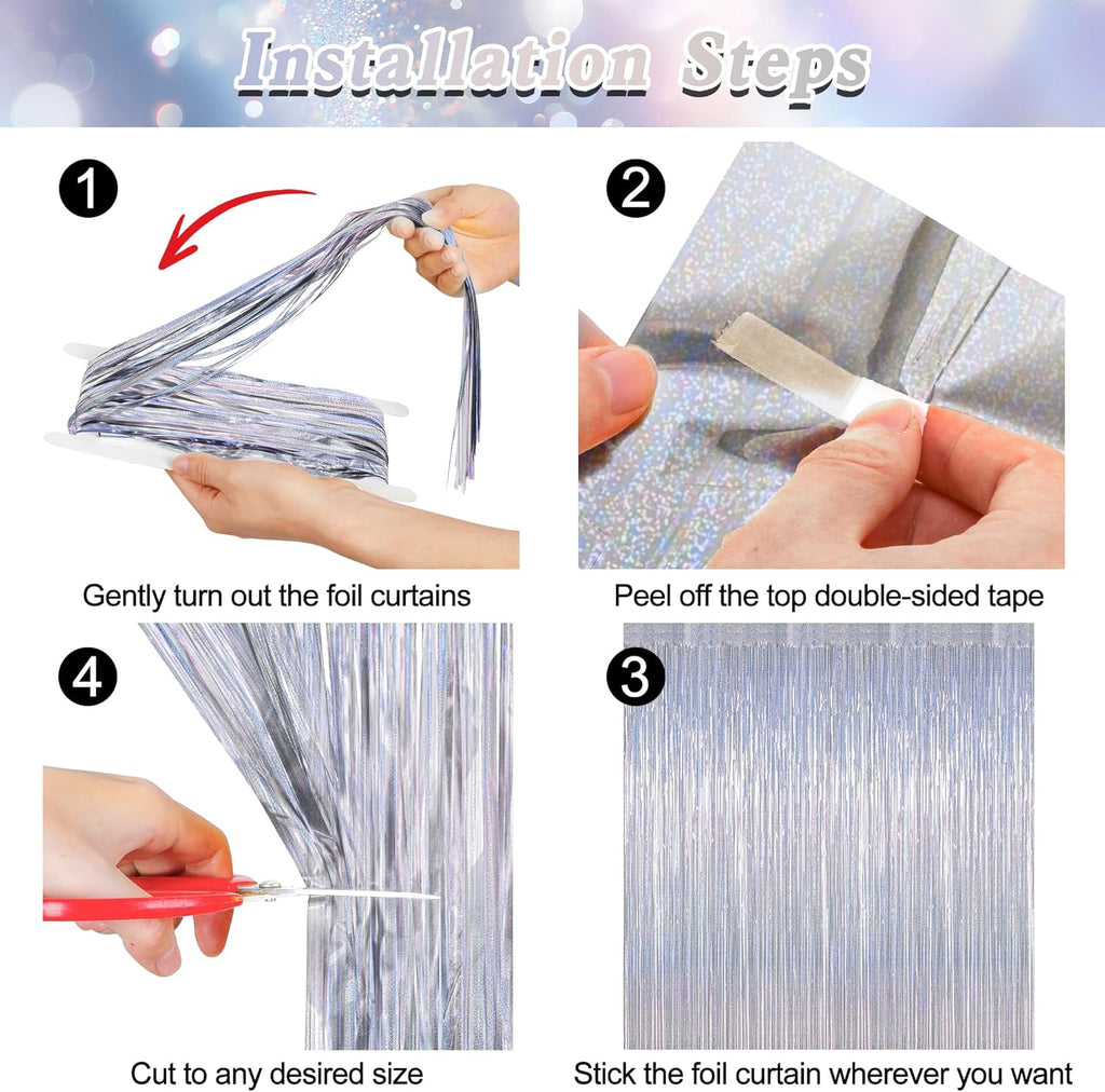 Skiennix Silver Tinsel Foil Curtain - 4 Pack Glitter Backdrop for Parties | 3.28 FT x 7.05 FT