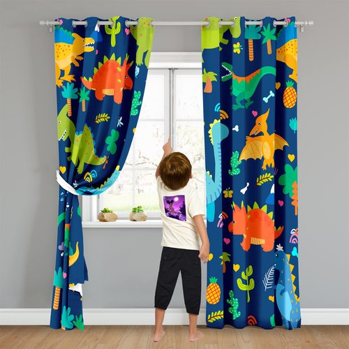 Kossmjx Cartoon Dinosaur Curtain Panels Curtains Blue Curtains for Boys Bedroom Grommet Top Window Treatment 2 Panels Drapes Kids Room Decor Navy Blue Curtain 84 Inch Length, 82" x 84"