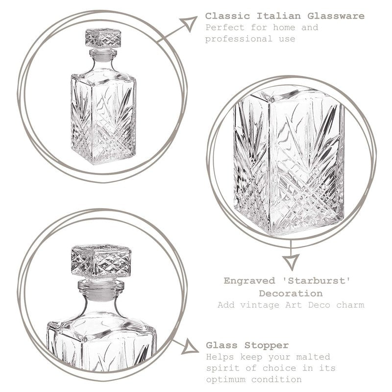 Bormioli Rocco Selecta Collection Whiskey Decanter – Sophisticated 33.75oz Diamond Decanter With Starburst Detailing – For Whiskey, Bourbon, Scotch & Liquor