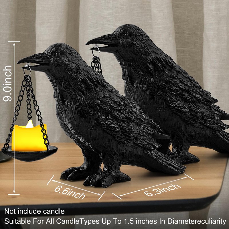Gothic Crow Lamp with Tealight Candle Holder Resin Raven Decor Statue Gothic Home Decor for Bedroom Unique Goth Gifts Black 2PCS