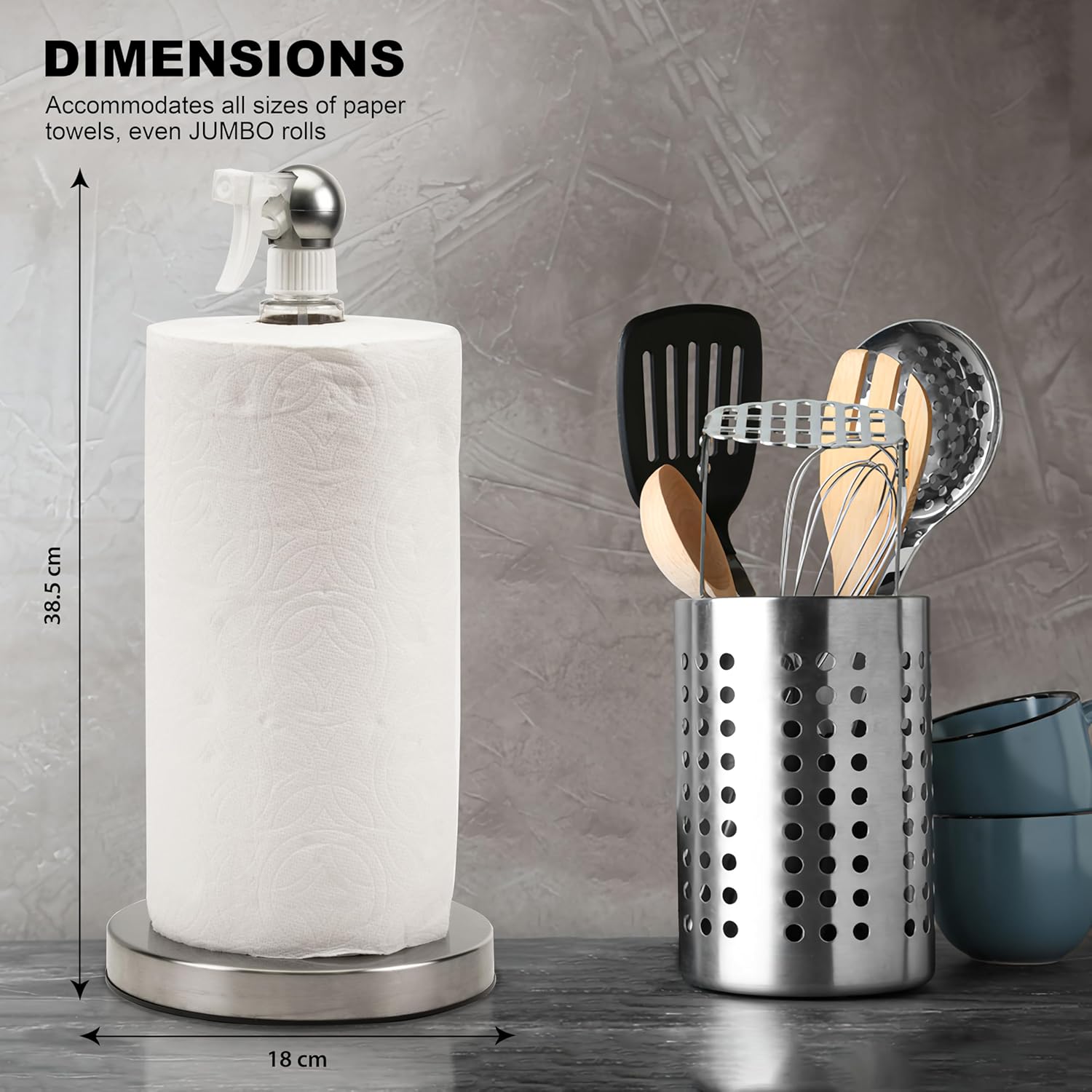 Skiennix Paper Towel Roll Holder - Space-Saving Design with Hidden 7oz Spray Bottle | Rust-Resistant Stainless Steel