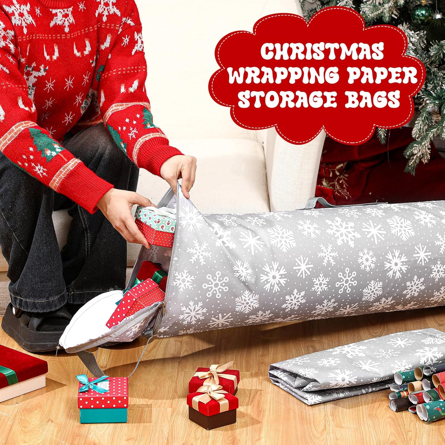 Xuniea Christmas Wrapping Paper Storage Bags - 40 Inch Snowflake Organizer for Crafts & Gifts