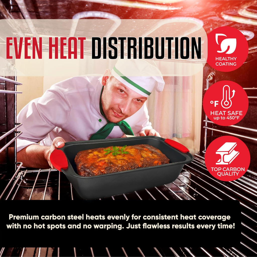 PERLLI Nonstick Loaf Pan with Silicone Grip Handles 11.75" x 6" High-Carbon Steel Bakeware for Baking Bread Cake Broiling Roasting Meat, Oven Safe (446°F)