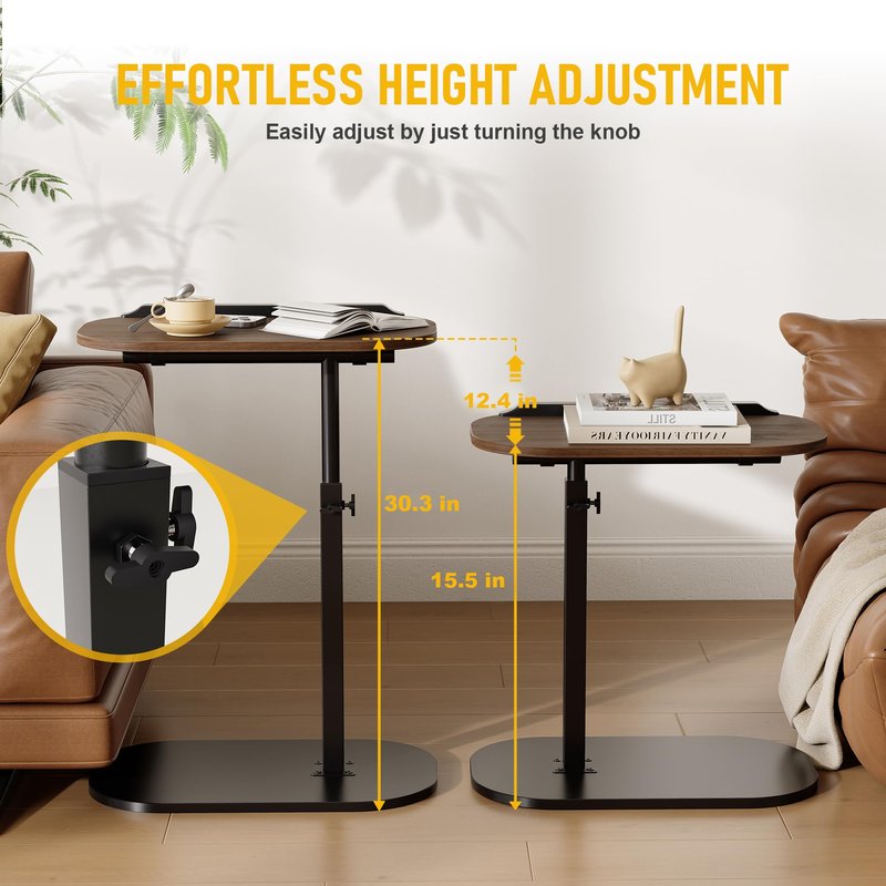 C Shaped End Side Table with Anti-Drop Rod, Adjustable Height & 360° Swivel Snack Table for Couch, Sofa, Bedroom, Living Room, TV Tray Table for Eating, Dinner or Laptop, Small Spaces, Walnut
