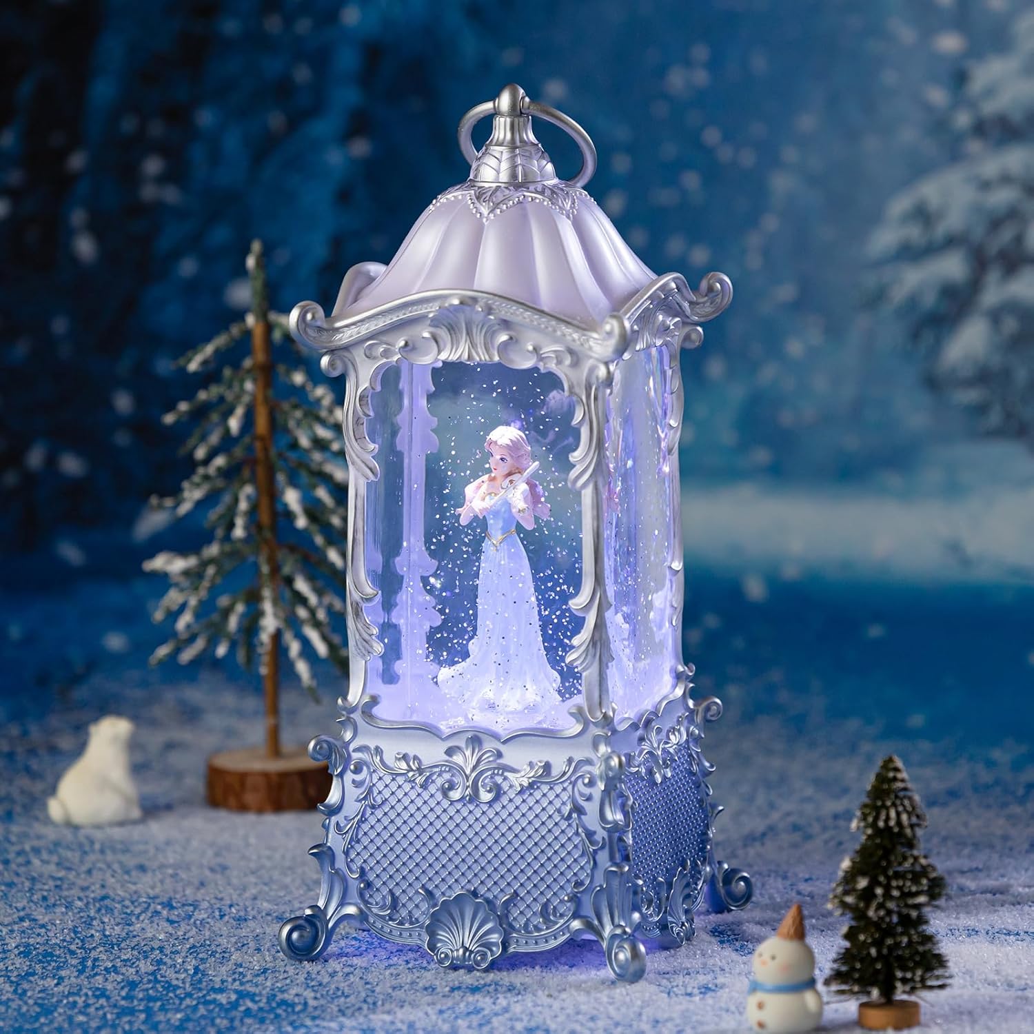 Snow Globe Lantern - Violin Girl Music Box with LED Light | Shatterproof, 8 Songs, USB/Battery Powered, Silver