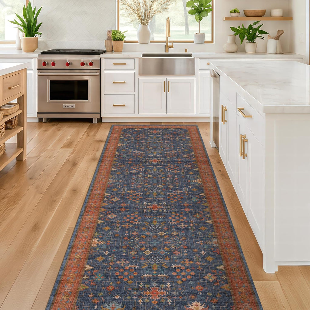 Skiennix Washable 8 Ft Long Runner Rug - Navy Blue Waterproof, Non-Slip, Stain Resistant (2'6"x8')