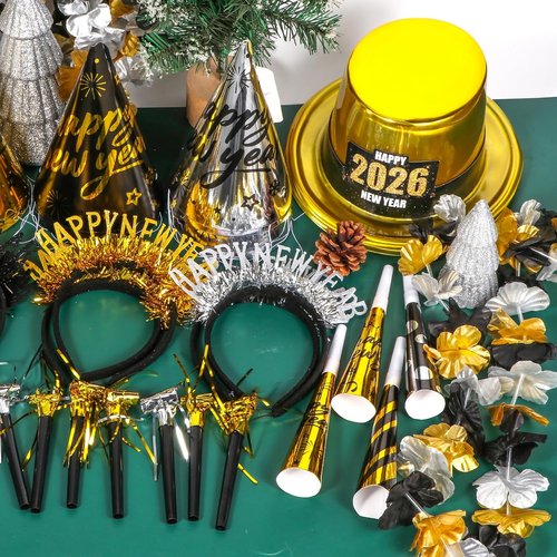 Atonofun New Year's Eve Party Supplies - 48 Pcs for 20 Guests | Hats, Horns, Headbands & Favors