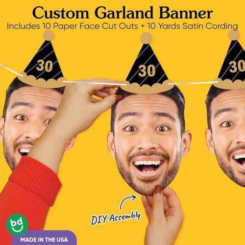Big Dot of Happiness Black & Gold Birthday Garland Banner - Personalized Face Cut Outs, 30 Feet
