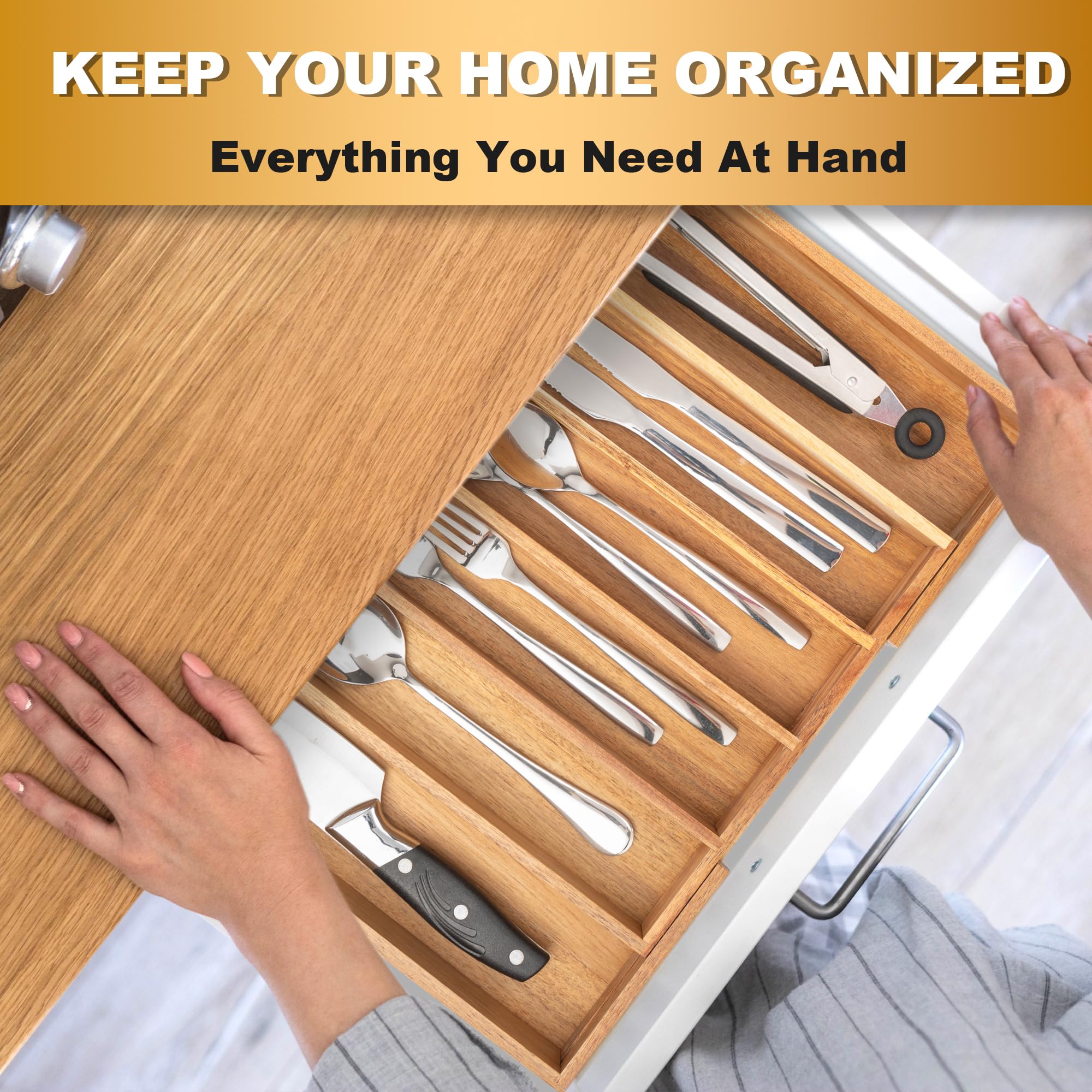 Besilord Large Expandable Utensil Organizer Silverware Organizer for Kitchen Adjustable Utensils Holder Bamboo Flatware Silverware Cutlery in Drawer (9 slot, Natural)