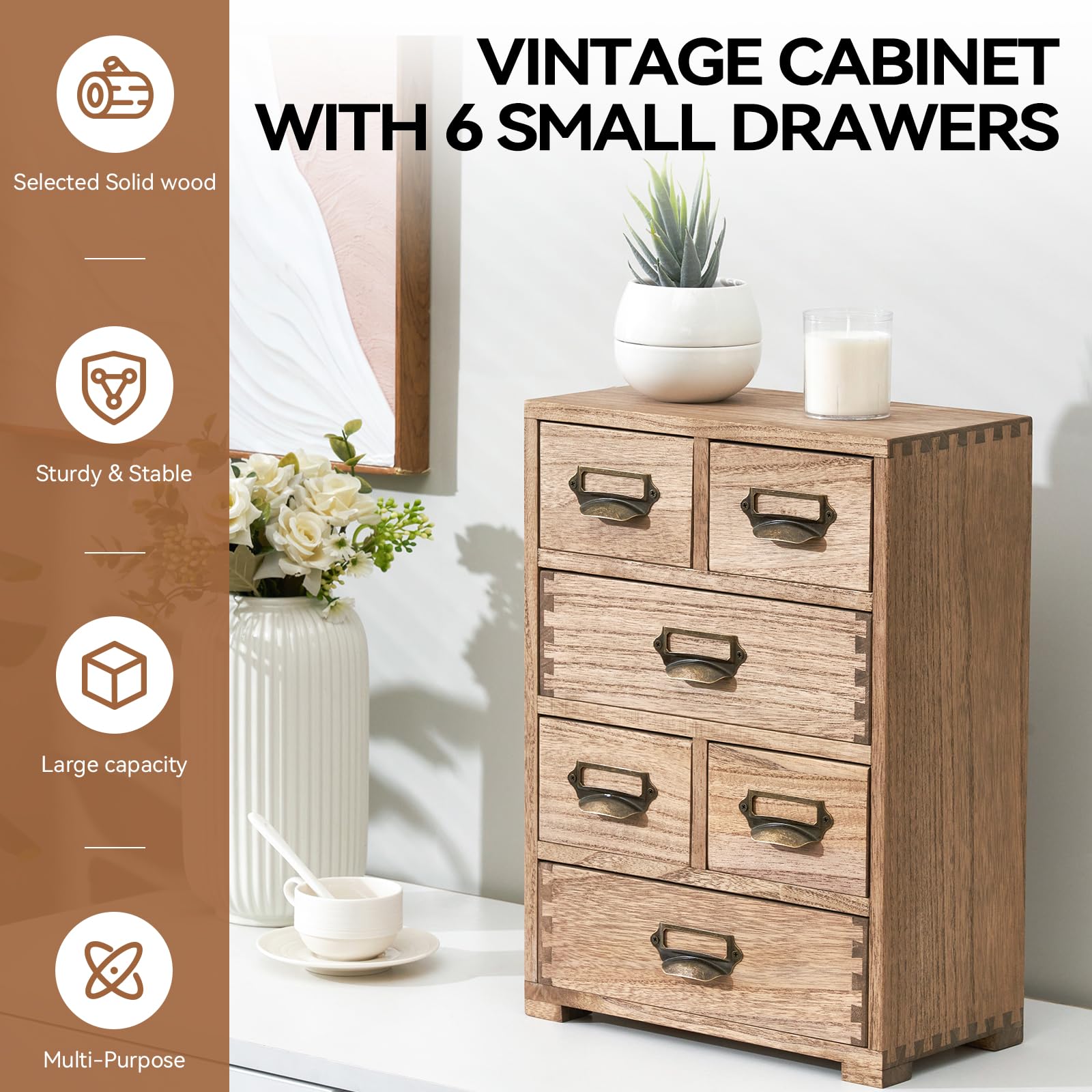 KIRIGEN Wooden Storage Cabinet Organizer Desktop Storage Drawers for Home Office Supplies Dark Brown(4D6CG-DBR)