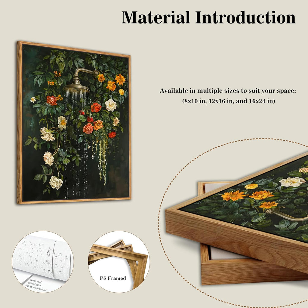 Skiennix Floating Framed Floral Shower Wall Art - Vintage Botanical Canvas Print | Romantic Garden Roses 12x16 Inch