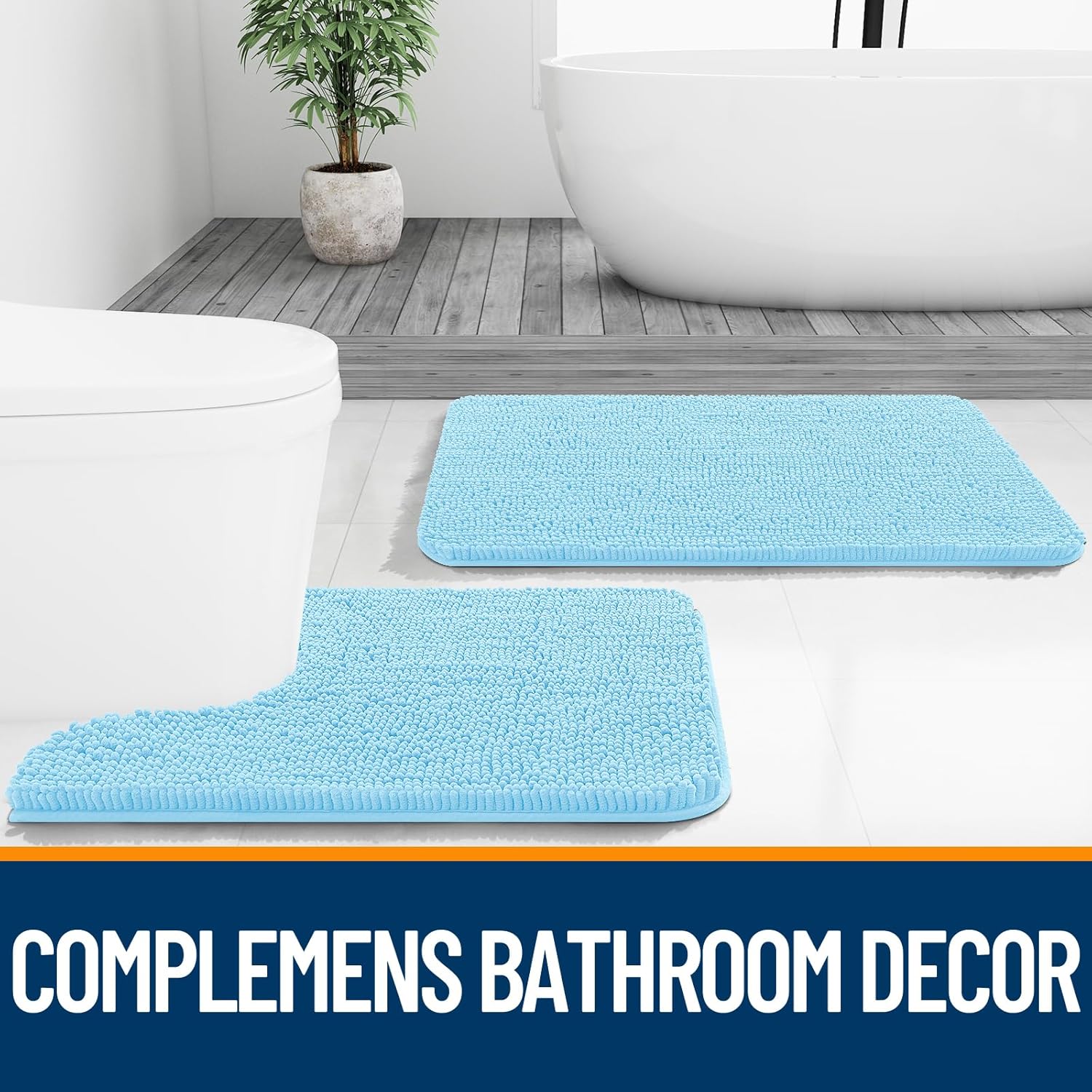 OLANLY Bathroom Runner Rugs - Soft Absorbent Chenille with Rubber Backing | Quick Dry, 47x20, Sky Blue