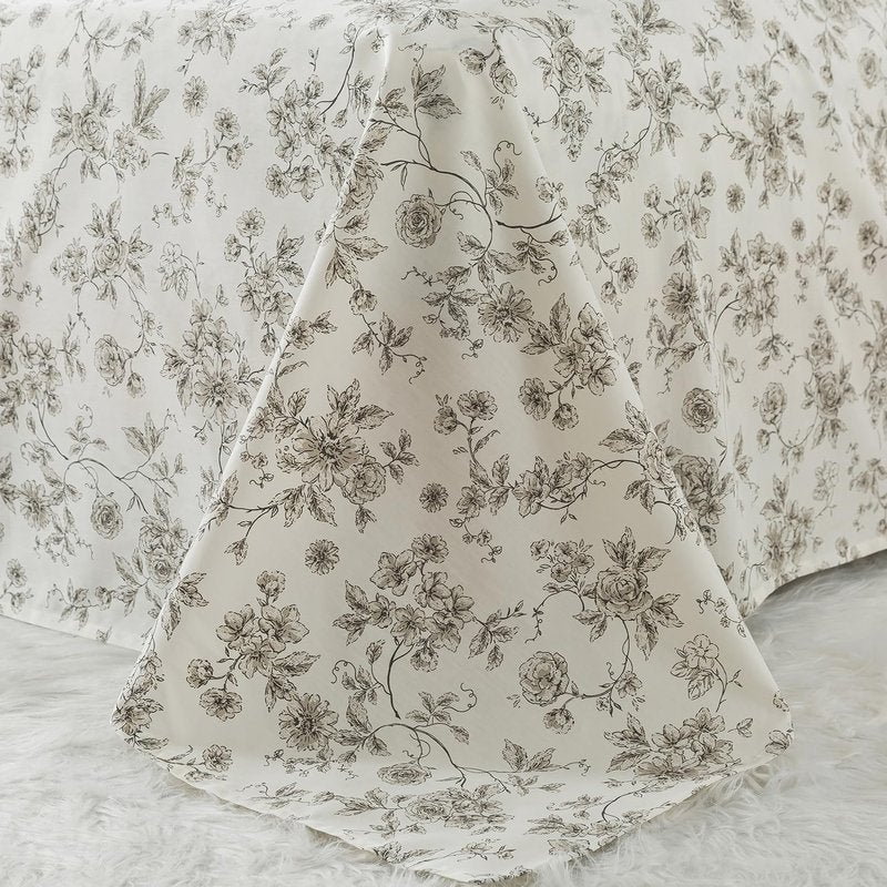 Zusbest California King Tan Floral Sheets 100% Cotton Beige Patterned Bed Sheet Set Vintage Peony Flower Toile Printed Bedding Soft Breathable Crisp Percale Sheets Deep Pocket 17.5'', 4 Pcs