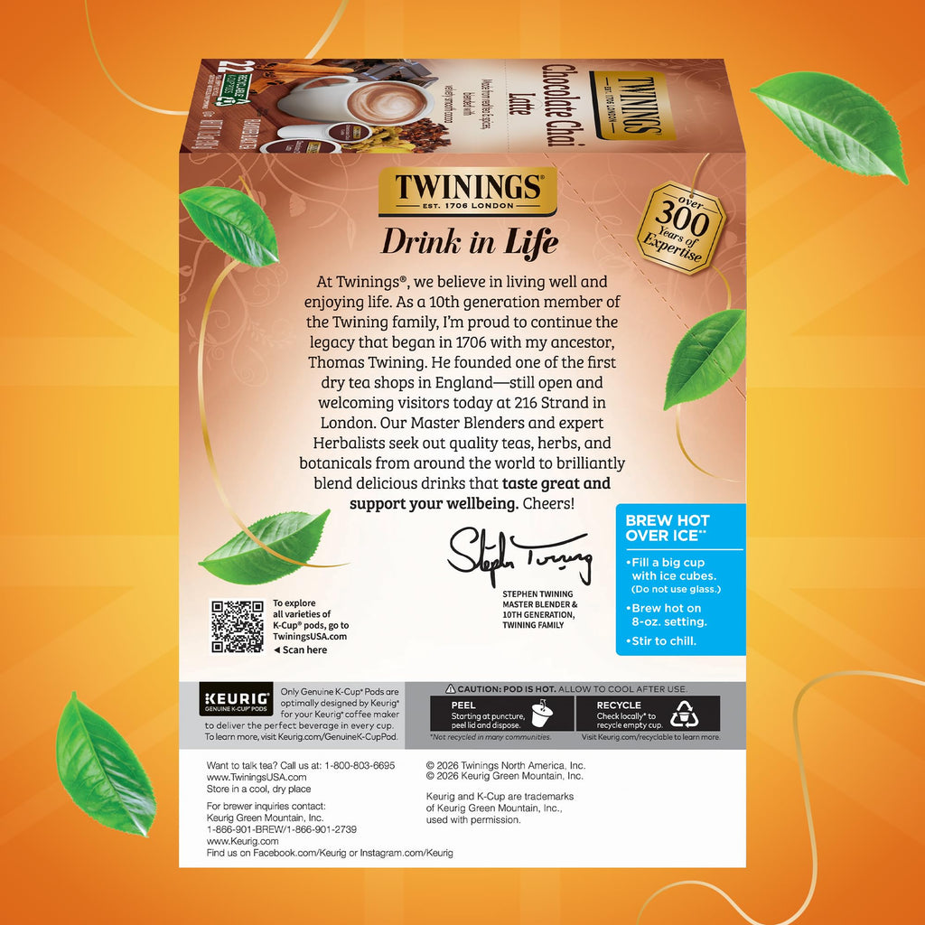 NEW Twinings Chocolate Chai Latte Tea K-Cup Pods for Keurig, 22 Count (Pack of 1), Velvety Smooth Cocoa with Real Spiced Tea, Caffeinated, Enjoy Hot or Iced