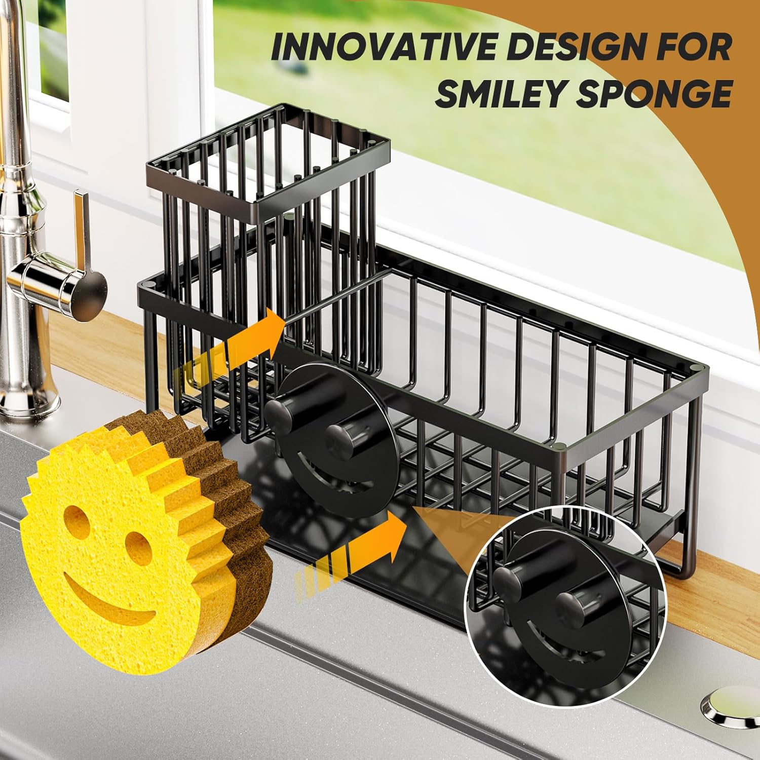 Skiennix Sponge Holder - Smiley Face Sink Caddy with Removable Brush Holder | Self-Draining Design