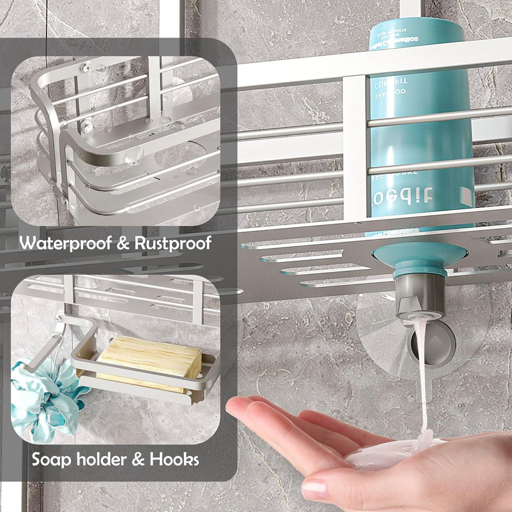 Never Rust Aluminum Shower Caddy by [Brand Name] - Over Showerhead Organizer with Soap Holder & Multi Hooks | Silver