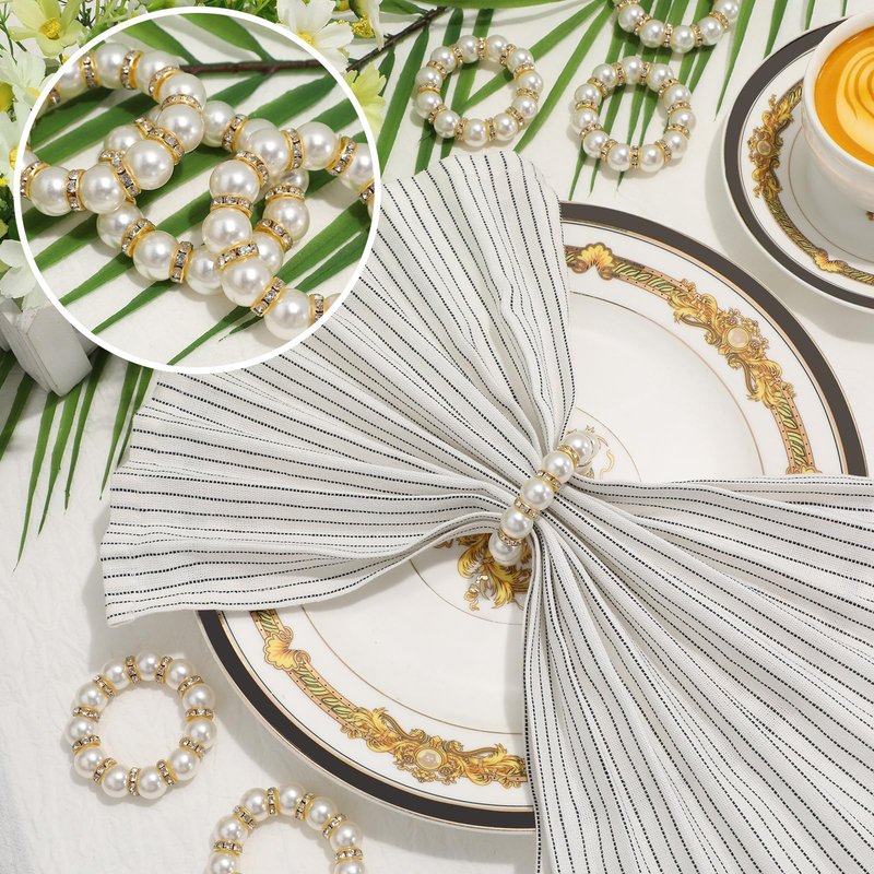 Tanlade 150 Pcs Wedding Pearl Napkin Rings Imitation Pearl Beaded Napkin Rings Holder Silver White and Gold Elastic Dinner Table Decor Rhinestone Serviette Rings for Table Party Decorations