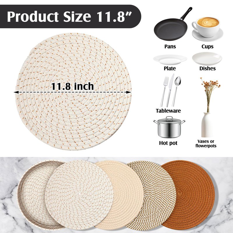 8 Pcs Boho Round Woven Placemats Set of 4/6/8,Trivets for Dishes, Heat Resistant Hot Pads,11.8" Woven Cotton Rope Round Placemats with Basket, 4.3" Drink Coasters with Holder (Mix Brown)