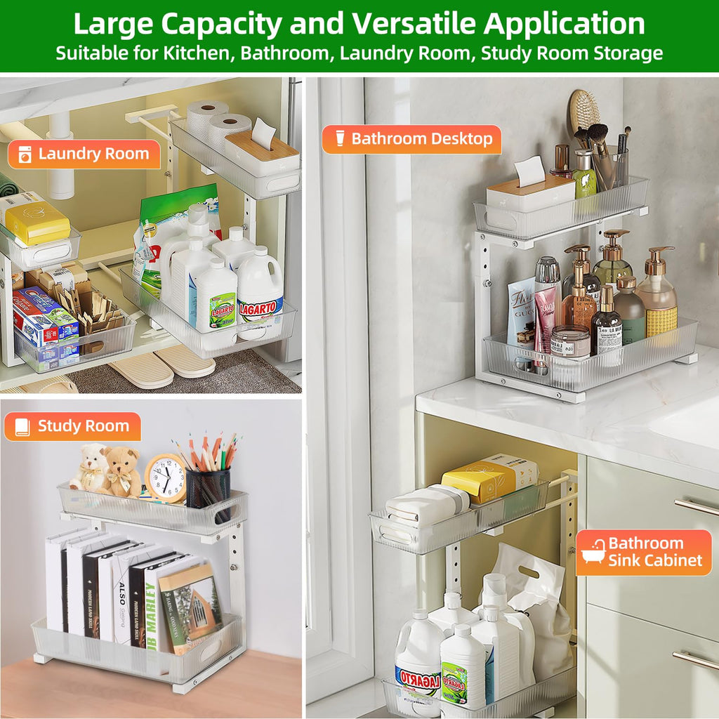 NRCUWI 2 Pack Under Sink Organizer, Pull Out Cabinet Organizer 2 Tier Slide Out, Under Sink Organizers and Storage Height Adjustable for Kitchen Bathroom Cabinet, Metal