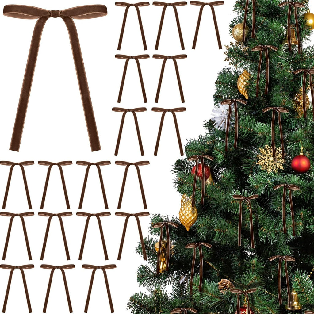 Skiennix 24 Pcs Velvet Bows - Vintage Ribbon Bows for Christmas Tree & Crafts | Brown, 5 x 7 Inch