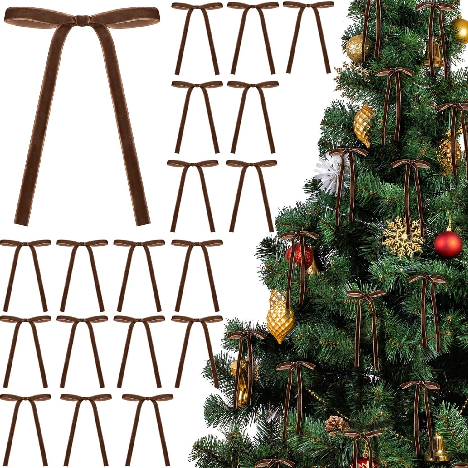 Skiennix 24 Pcs Velvet Bows - Vintage Ribbon Bows for Christmas Tree & Crafts | Brown, 5 x 7 Inch