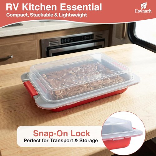 9x13 Nonstick Baking Pan with Lid - Heavy Duty, Deep Cake Pan for RV & Convection Oven | Coral Red