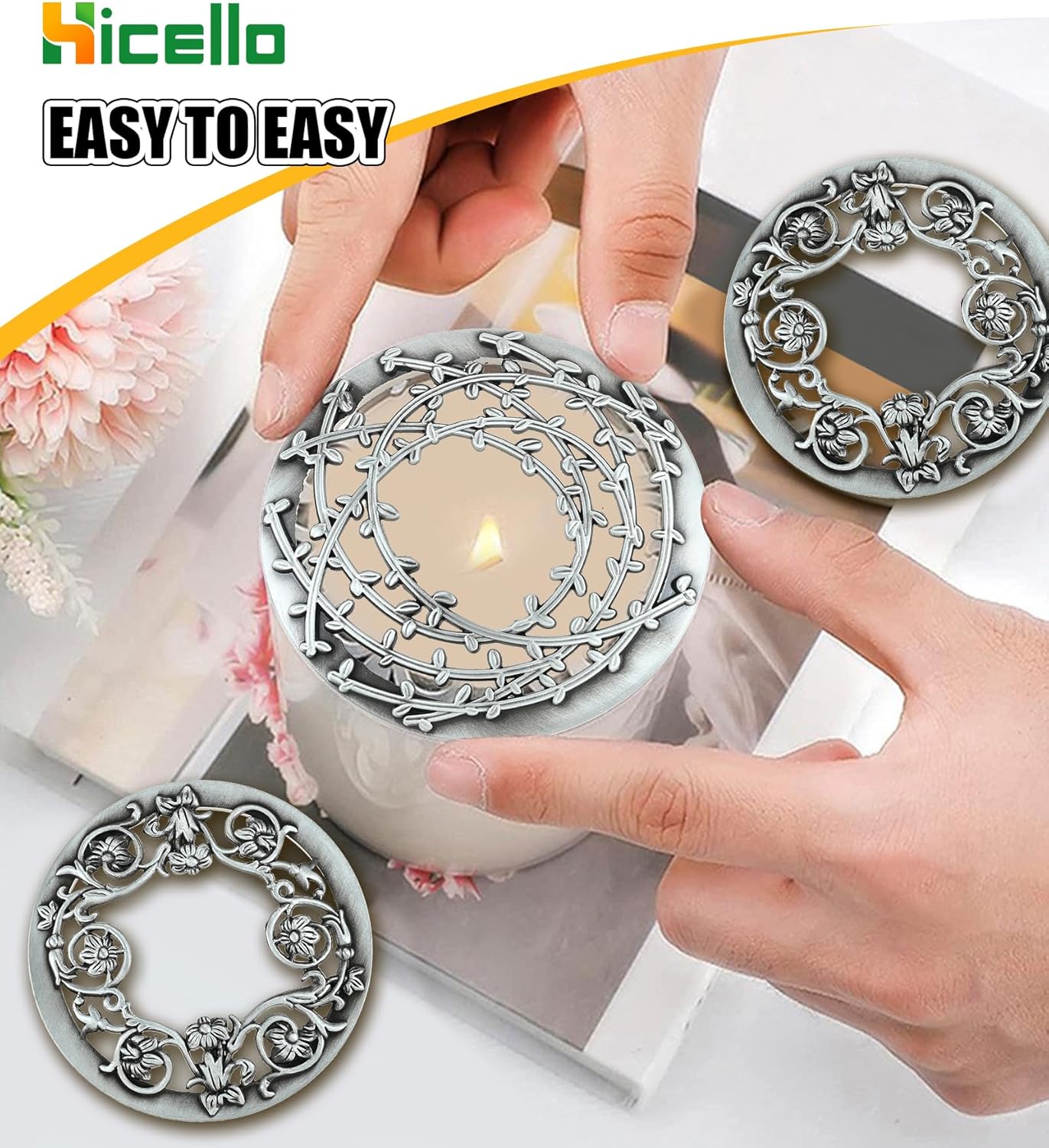Skiennix Candle Toppers - Set of 2 Silver Metal Lids with Floral Design | Fits 80mm Yankee Candles