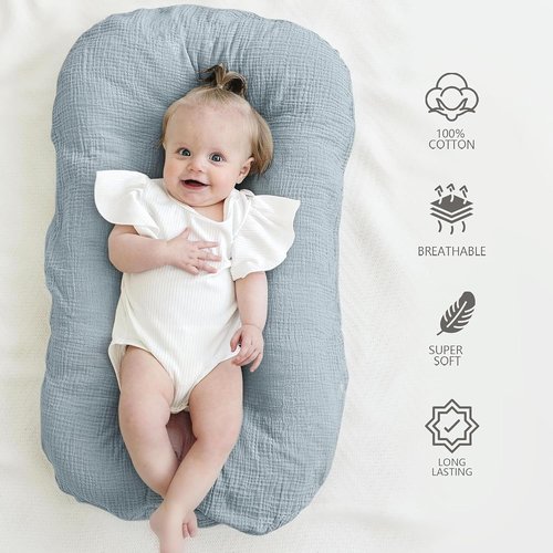 MairMore Muslin Baby Cover - Soft & Breathable 100% Cotton Lounger Slipcover | Neutral, Pack of 2 (Dark Blue)