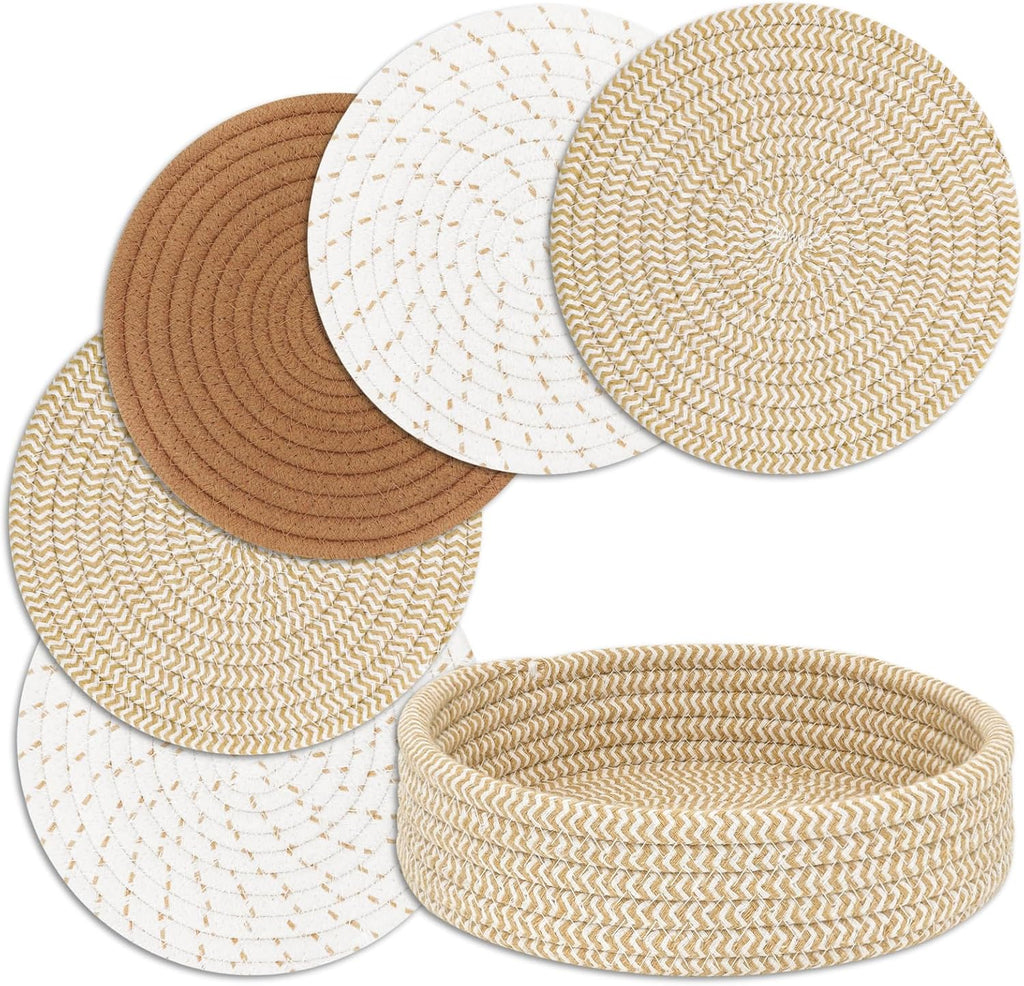 Trivets by Home Essentials - Heat Resistant Hot Pads with Storage Basket | 5 PCS Mix Brown for Kitchen Decor