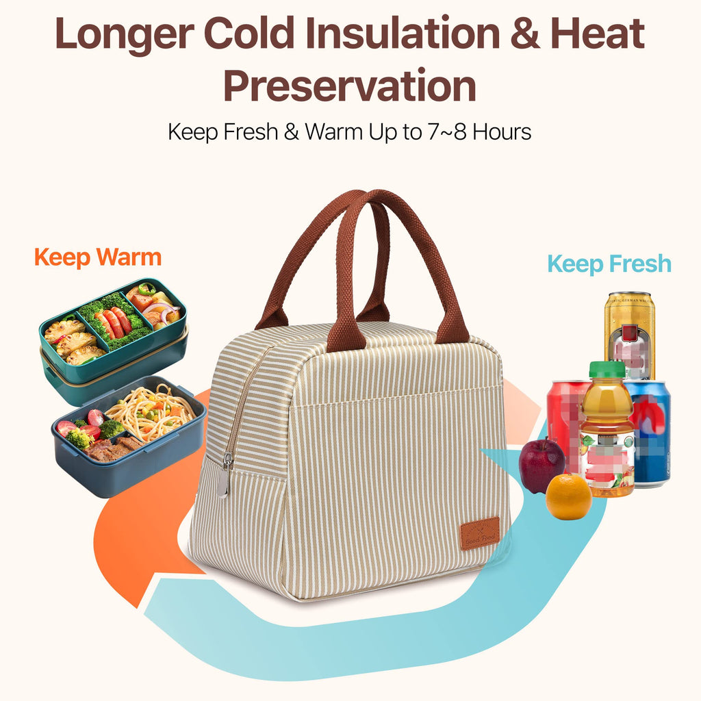 Bagseri Insulated Lunch Bag Women - Lunch Bag for Women Men Reusable Lunch Box Leakproof Thermal Cooler Sack Food Handbags Case High Capacity for Work and Picnic (Khaki White Stripe)