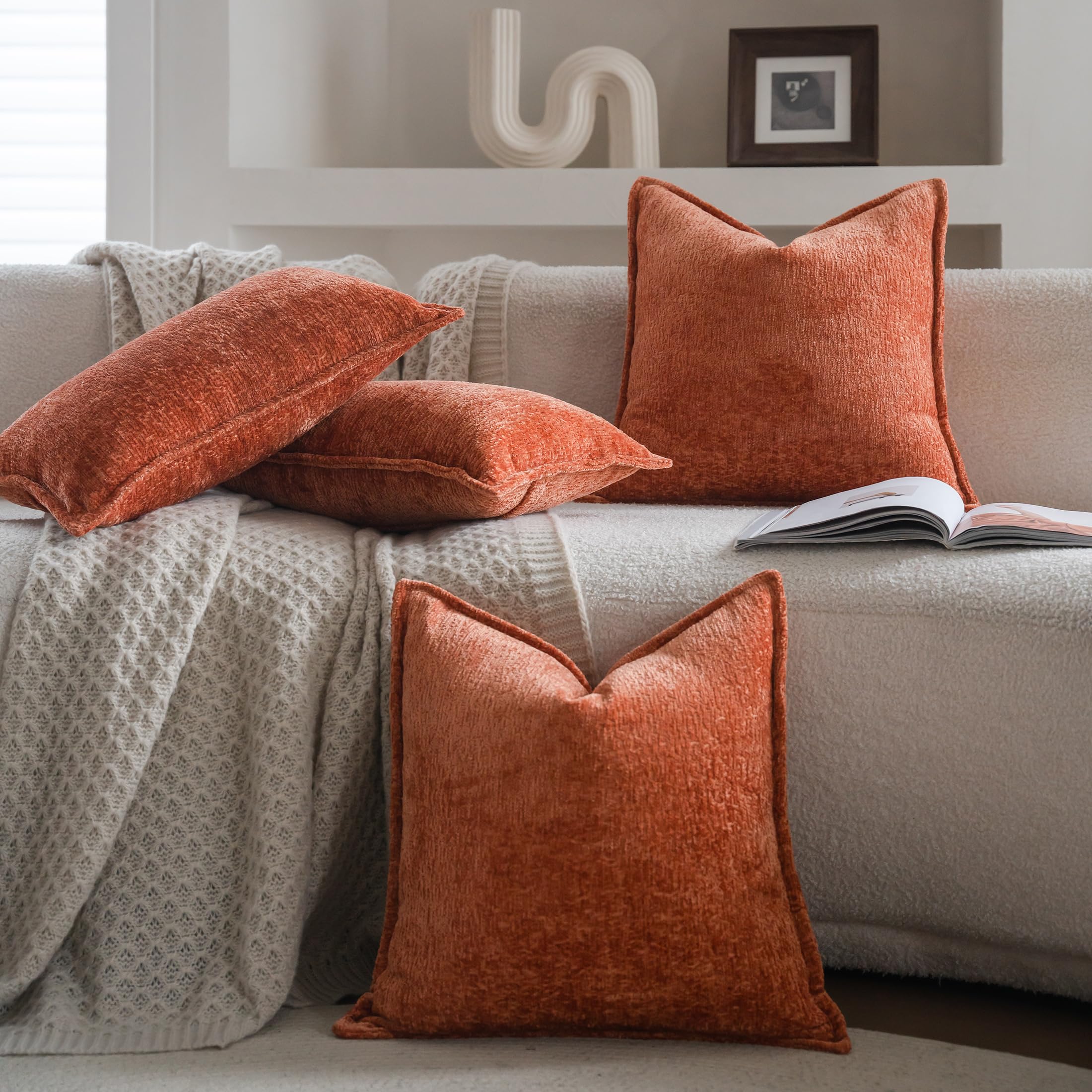 Neelvin Orange Chenille Decorative Throw Pillow Covers 18x18 inch Set of 2 Pillowcase Cushion Case for Bed Sofa Couch