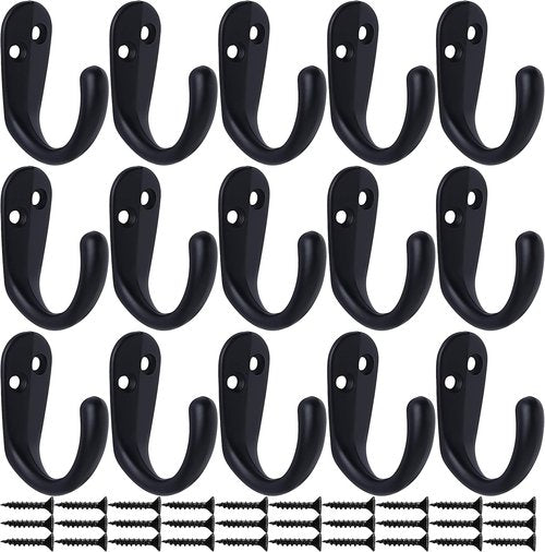 IBosins Coat Hooks - 15PCS Wall Mounted Single Prong Robe Hooks with 30 Screws - Black for Towels, Bags, Hats