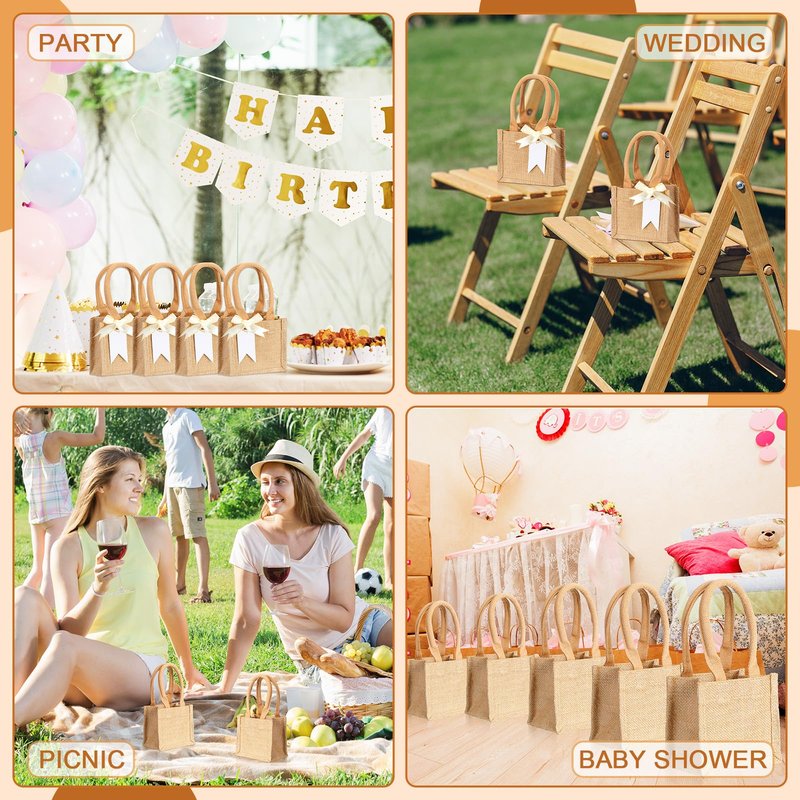 Silkfly 20 Pcs Mini Burlap Jute Tote Bags with Handle Small Blank Reusable Market Grocery Bags Bridesmaids Wedding Gift(Classic,5 x 5 x 3.94 Inches)