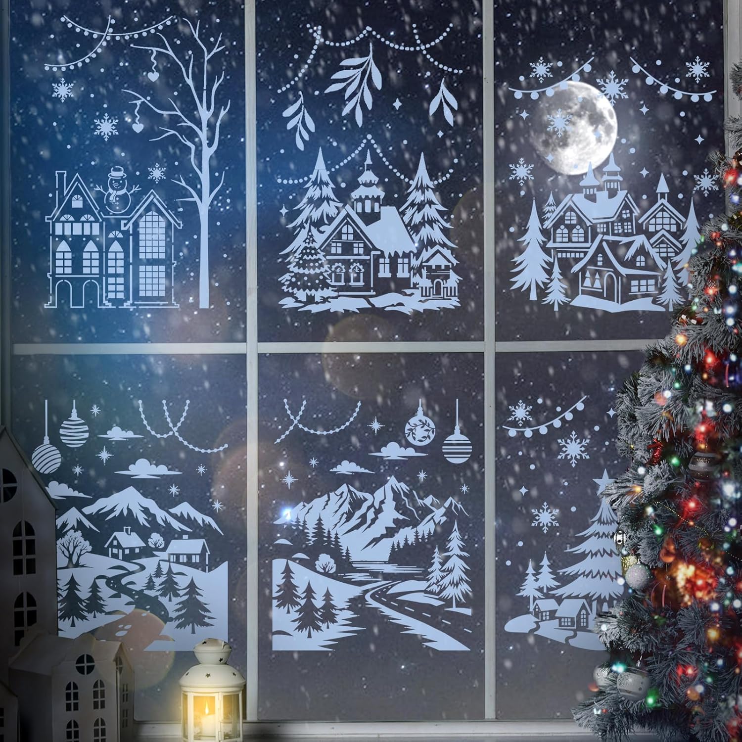 Skiennix 12 Pcs Christmas Stencils - Large 13.78 x 11 Inch Reusable Holiday Templates for DIY Glass Decor