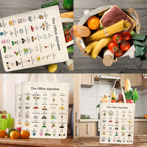 PuGez The Office Alphabet Tote Bag TV Show Merchandise Fans Kitchen Gifts Reusable Grocery Canvas Theme Presents for Office/Women/Sister, Shoulder/Travel/Work, White