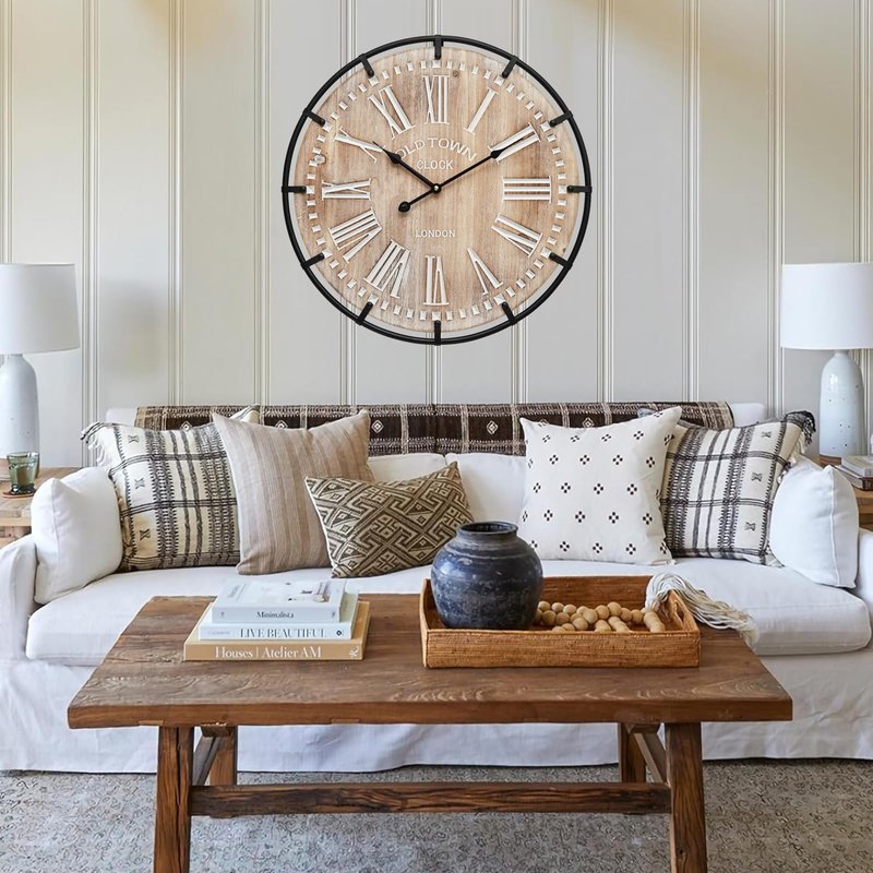 MICWIC 24 Inch Grand Farmhouse Wall Clock, Vintage-Inspired Wood & Metal Design with Large Etched Numbers, Silent Battery-Powered Timepiece for Offices, Kitchens, Bedrooms, and Living Rooms
