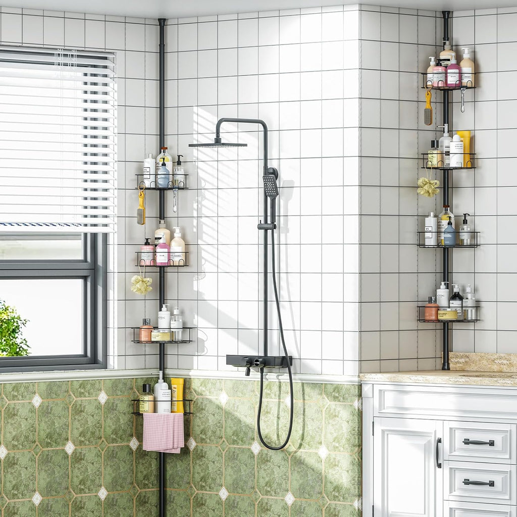 Skiennix Corner Shower Caddy - 4 Tier Adjustable Bathroom Organizer with Hidden Hook & Towel Holder | 63.7-119 Inch, Black