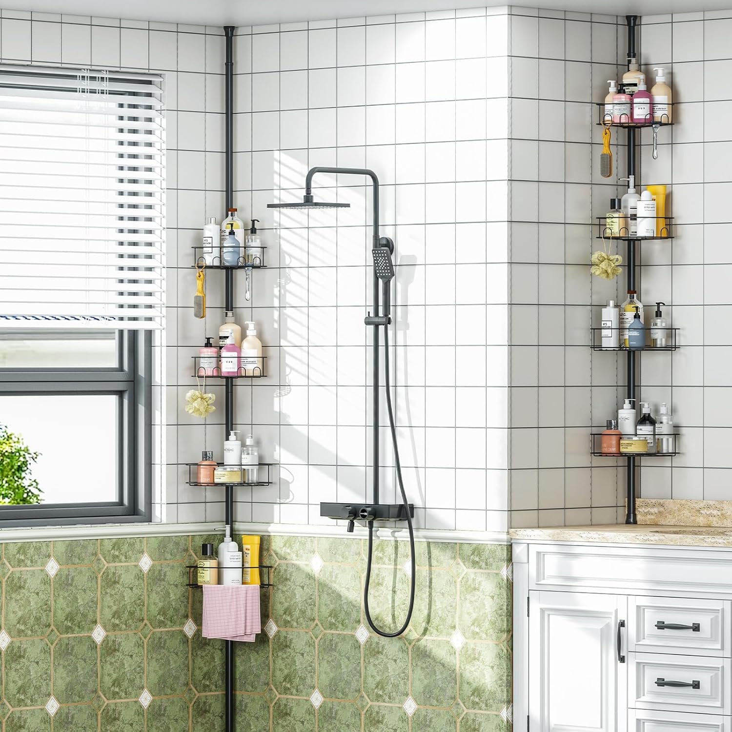 Skiennix Corner Shower Caddy - 4 Tier Adjustable Bathroom Organizer with Hidden Hook & Towel Holder | 63.7-119 Inch, Black